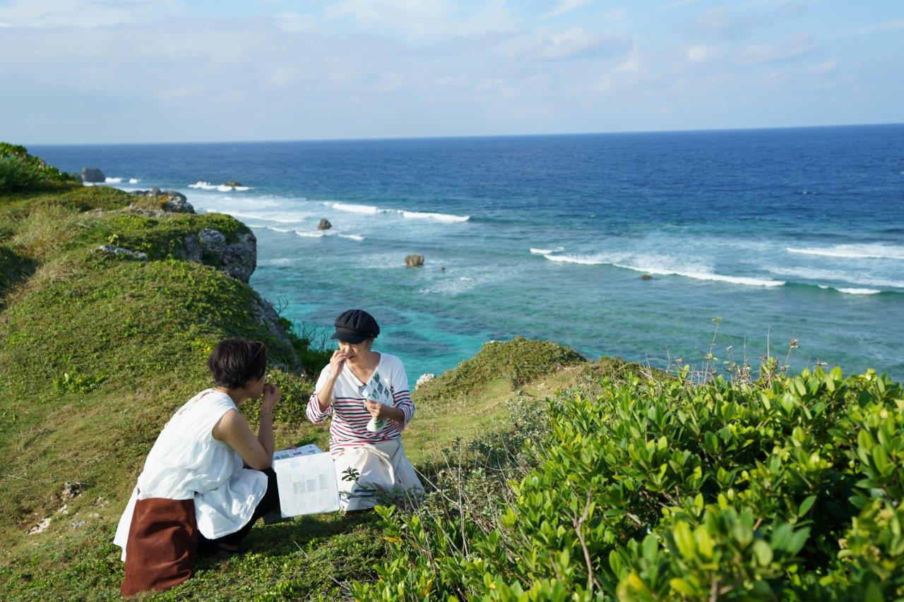 海が見える絶景で薬草を積むタサン志麻さん