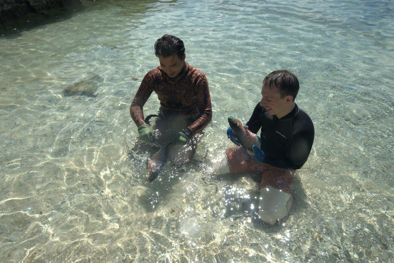 獲った魚をしめるロマンさんと高田さん